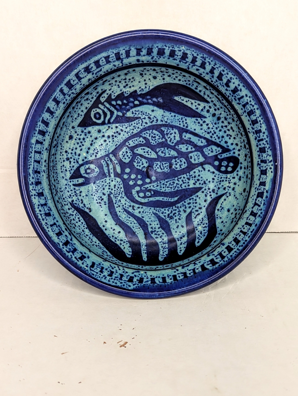 Signed Nancy Nicholson Antigua Handmade Art  Blue Ceramic Bowl Sea Turtle & Fish